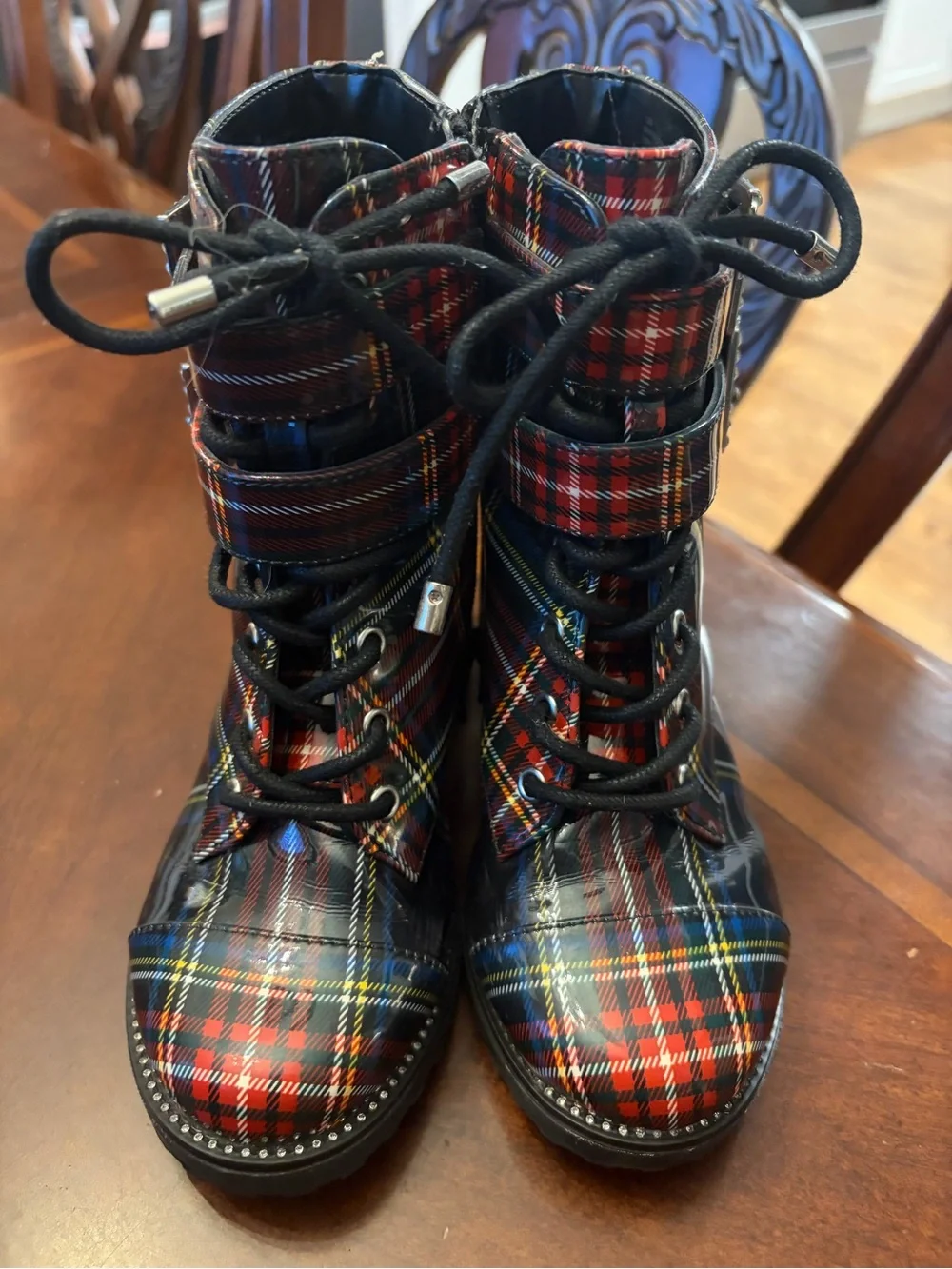 GB Girls Plaid Combat Boots with Rhinestone Buckles - Red/Black